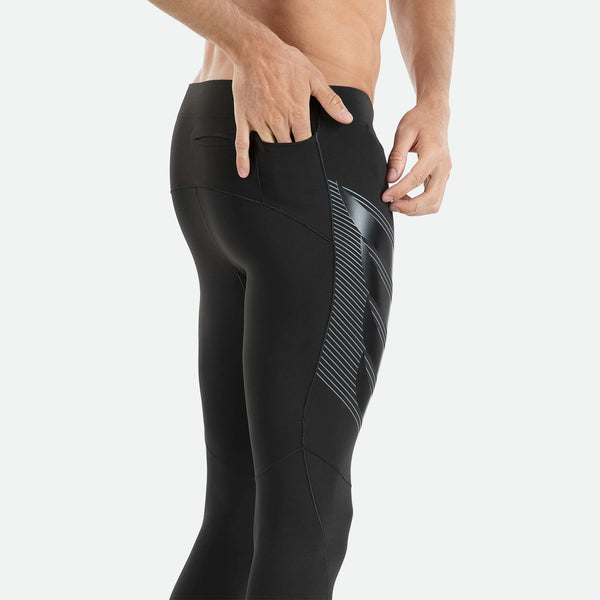 High filament nylon yarns for comfort, moisture management, and durability available with mens Pressio run compression tights.